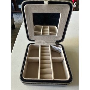 Navy Blue Patent Leather Jewelry Travel Organizer Box Mirror Zipper Compartments